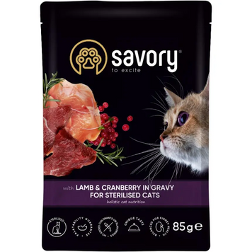 Влажный корм для стерилизованных кошек SAVORY (ягненок с клюквой в соусе), 85 г 00-00010435 фото