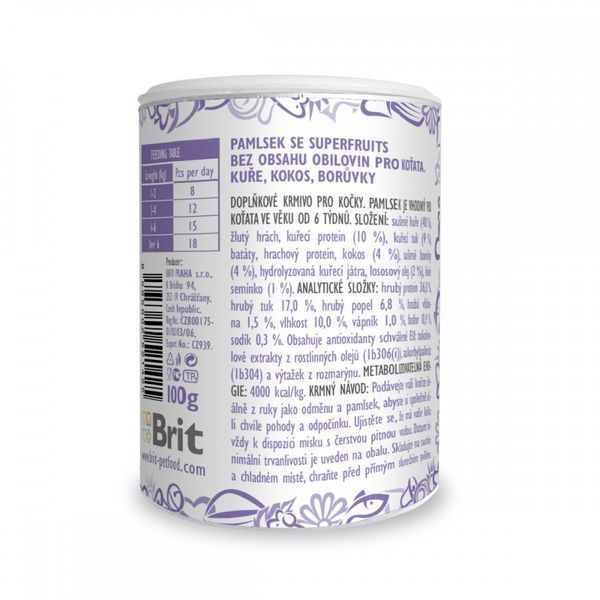Ласощі для кошенят Brit Care (Бріт Кеа) Cat Snack Superfruits Kitten з куркою, кокосом та чорницею, 100 г 00-00013565 фото