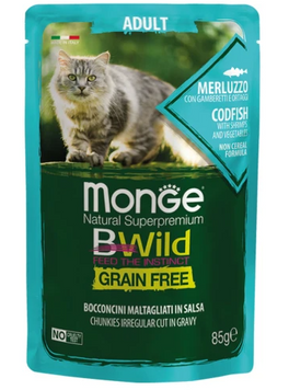 Вологий корм Monge BWild Adult для котів, з тріскою та креветками, 85 г 00-00010670 фото