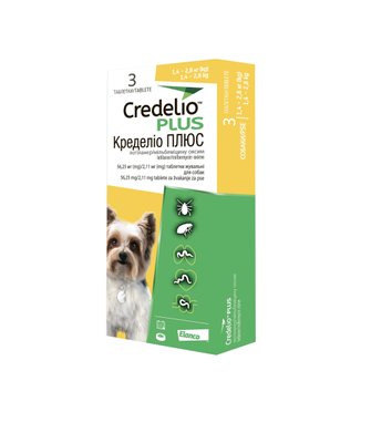 Жувальні таблетки для собак CREDELIO PLUS від бліх та кліщів 1,4 - 2,8 кг 3 шт/уп 122923 фото