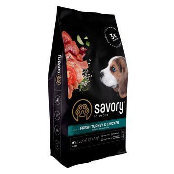 Корм сухий SAVORY для цуценят усіх порід, зі свіжою індичкою та куркою, 1 кг 00-00018566 фото