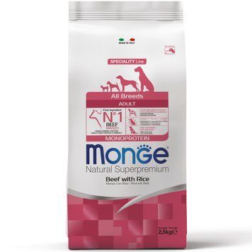 Сухий корм для дорослих собак усіх порід Monge Speciality All Breeds Adult Monoprotein з яловичиною та рисом, 2,5 кг 00-00002447 фото