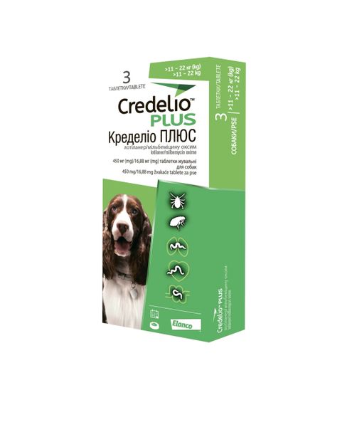 Жувальні таблетки для собак CREDELIO PLUS від бліх та кліщів 11 - 22 кг 3 шт/уп 104700 фото