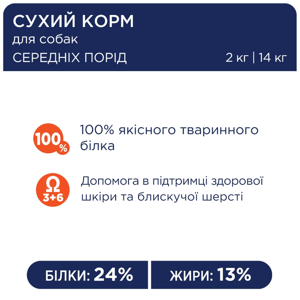 Сухий корм для дорослих собак середніх порід Клуб 4 Лапи Premium Adult Medium Breeds, 2 кг 00-00018578 фото