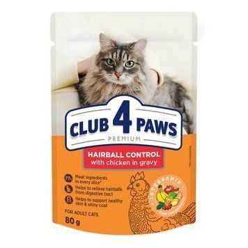 Клуб 4 лапы Premium Hairball Control вологий корм для котів для виведення шерсті, з куркою, 80 г 00-00007251 фото