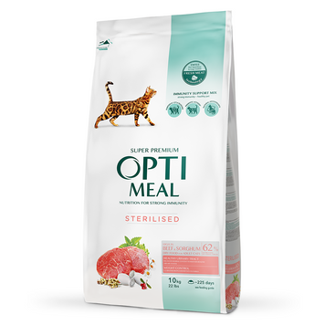Optimeal Sterilised сухой корм для стерилизованных кошек, с говядиной и сорго, 10 кг 00-00017801 фото