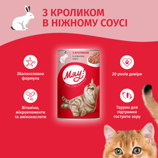 Влажный корм для взрослых кошек Мяу! с кроликом в нежном соусе, 415 г (железная банка) 00-00003265 фото