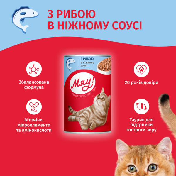 Влажный корм для взрослых кошек Мяу! с рыбой в нежном соусе, 415 г (железная банка) 00-00003266 фото
