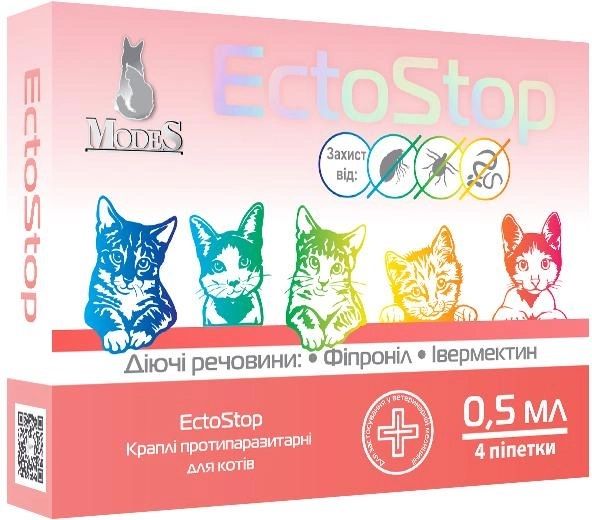 Краплі ЕктоСтоп Модес протипаразитарні для котів до 4 кг (0,5мл) НФ-00003275 фото