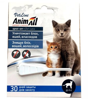 Каплі AnimAll VetLine Spot-On від бліх і кліщів для котів до 4 кг 113 611 фото