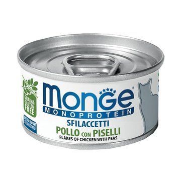 Вологий корм MONGE Cat Wet MONOPROTEIN для котів, м'ясні пластівці з куркою та горошком, 80 г 00-00010081 фото