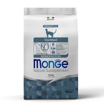 Сухий корм MONGE CAT Sterilised для стерилізованих котів, зі смаком форелі, 400 г 00-00019177 фото