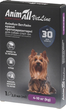 Противопаразитарные капли на холку для собак AnimAll VetLine Spot-On от 4 до 10кг 2.0мл 00-00001766 фото