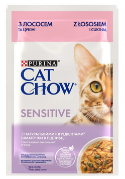 Cat Chow Sensetive вологий корм для котів з чутливим травленням, з лососем та цукіні в желе, 85 г 00-00006515 фото