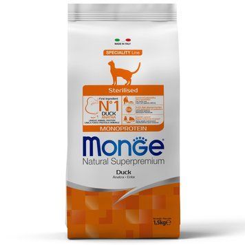 Сухой корм для взрослых стерилизованных кошек Monge Cat Monoprotein Sterilised с мясом утки, 1,5 кг 00-00017938 фото