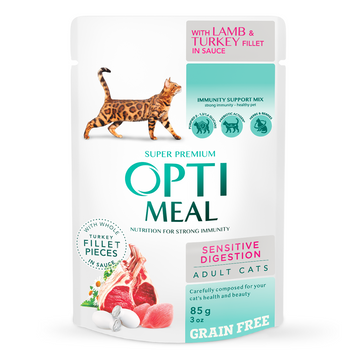 Optimeal Sensitive Digestion влажный корм для кошек с чувствительным пищеварением, с ягненком и индейкой в соусі, 85 г 00-00003311 фото