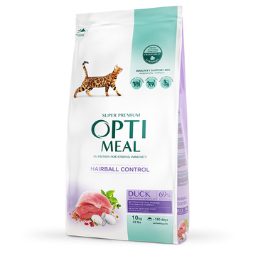 Optimeal Hairball Control сухой корм для котов для выведения шерсти, с уткой, 10 кг 00-00017793 фото