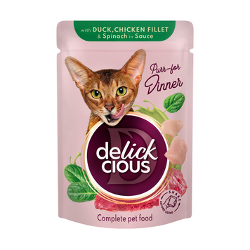 Корм вологий для котів Delickcious з качкою курячим філе і шпинатом в соусі 85 г СП-00000074 фото