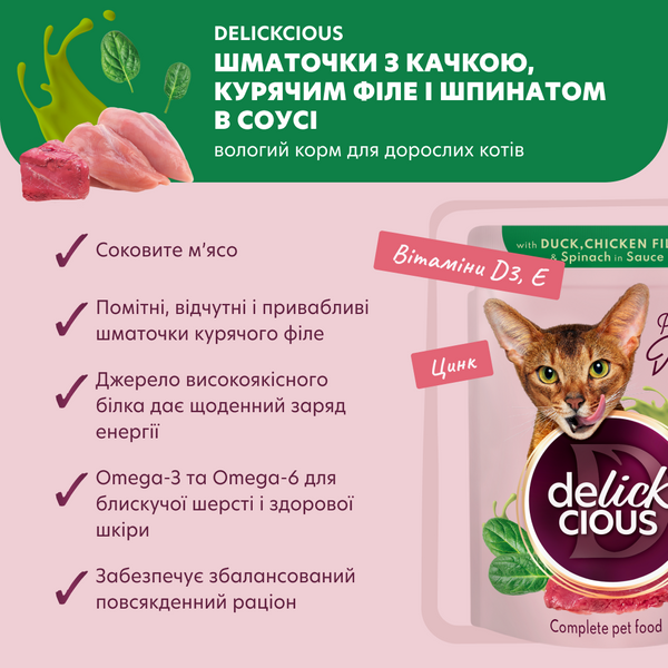 Вологий корм (пауч) Delickcious для котів з качкою, курячим філе та шпинатом у соусі, 85 г СП-00000074 фото