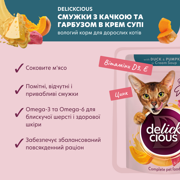 Вологий корм (пауч) Delickcious для котів з качкою та гарбузом у крем-супі, 85 г СП-00000076 фото
