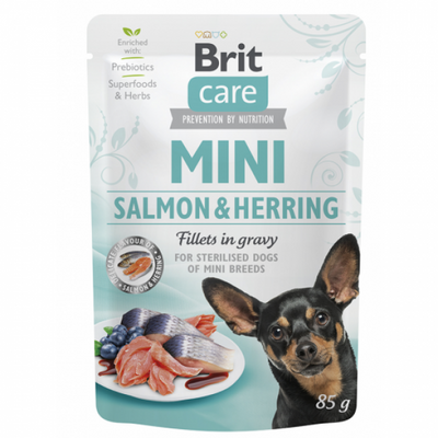 Вологий корм для собак Бріт Pate and Meat Mini з філе лосося та оселедця в соусі 85 г Brit Care 100219 фото