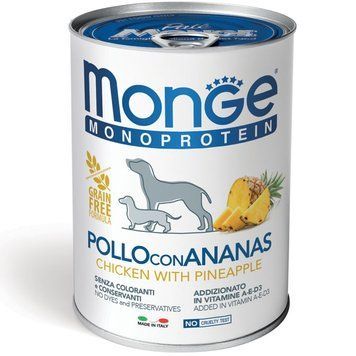Влажный корм MONGE Dog Fruit Monoprotein для собак с пищевой непереносимостью, с курицей и ананасом, 400 г 00-00011616 фото