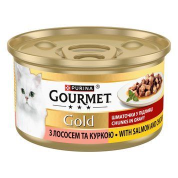Gourmet Gold влажный корм для кошек, с кусочками лосося и курицы в подливке, 85 г 00-00000120 фото