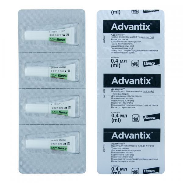 Капли на холку Bayer Advantix (Адвантикс) для собак весом до 4 кг, 4 пипетки 00-00001675 фото